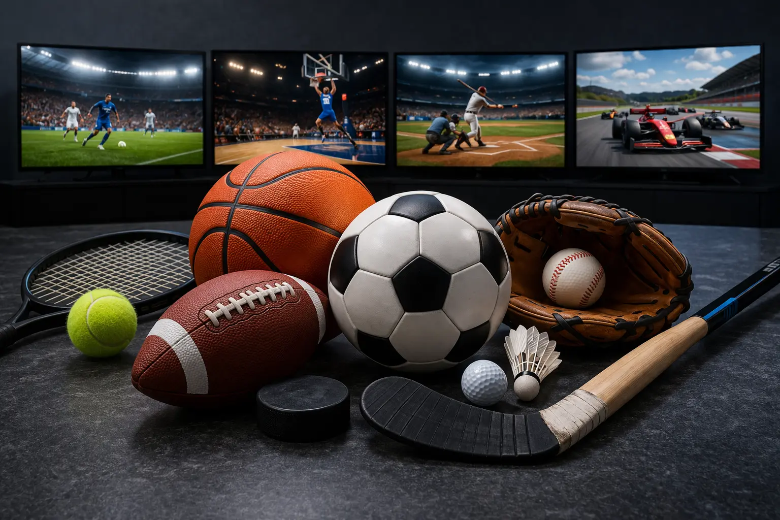 multiple sports equipment including football basketball baseball glove and hockey gear with multiple screens showing live sports in the background