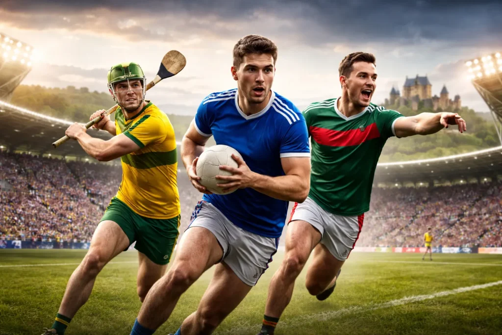 Gaelic football and hurling players in action inside a stadium with floodlights, representing Clubber TV live GAA match coverage in Ireland