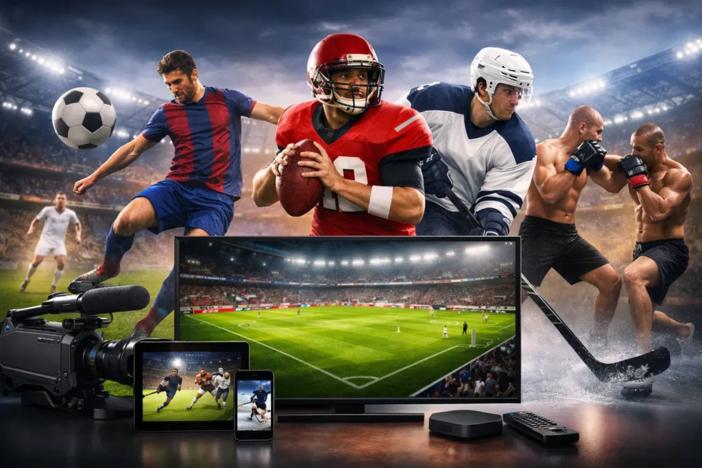 Person watching live sports on multiple devices including TV, tablet, and smartphone with various sports scenes in the background