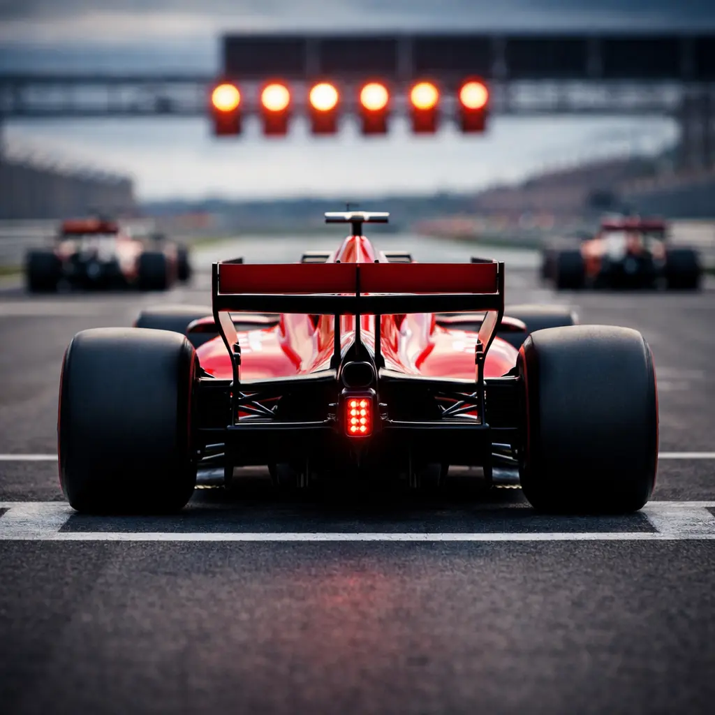 formula 1 race car on a starting grid with track lights and blurred racing cars in the background