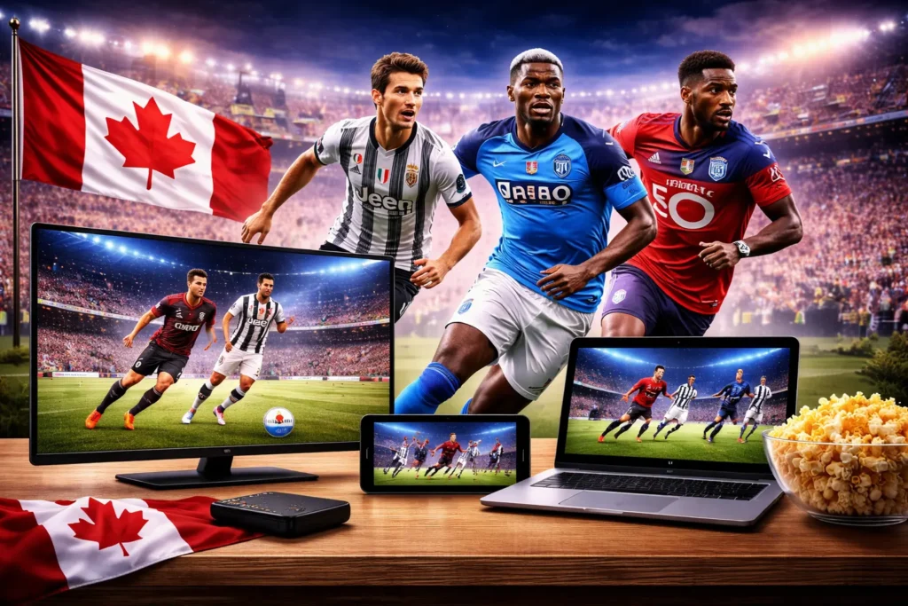 wide view of a modern living room setup with a large screen showing a football match, surrounded by smaller devices streaming sports, with a subtle canadian flag in the background representing sports streaming in canada