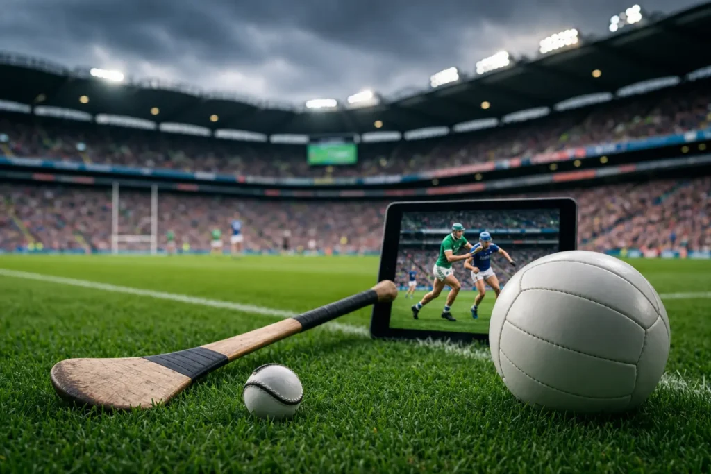 gaelic football and hurling equipment on a stadium pitch with live match streaming on a tablet screen