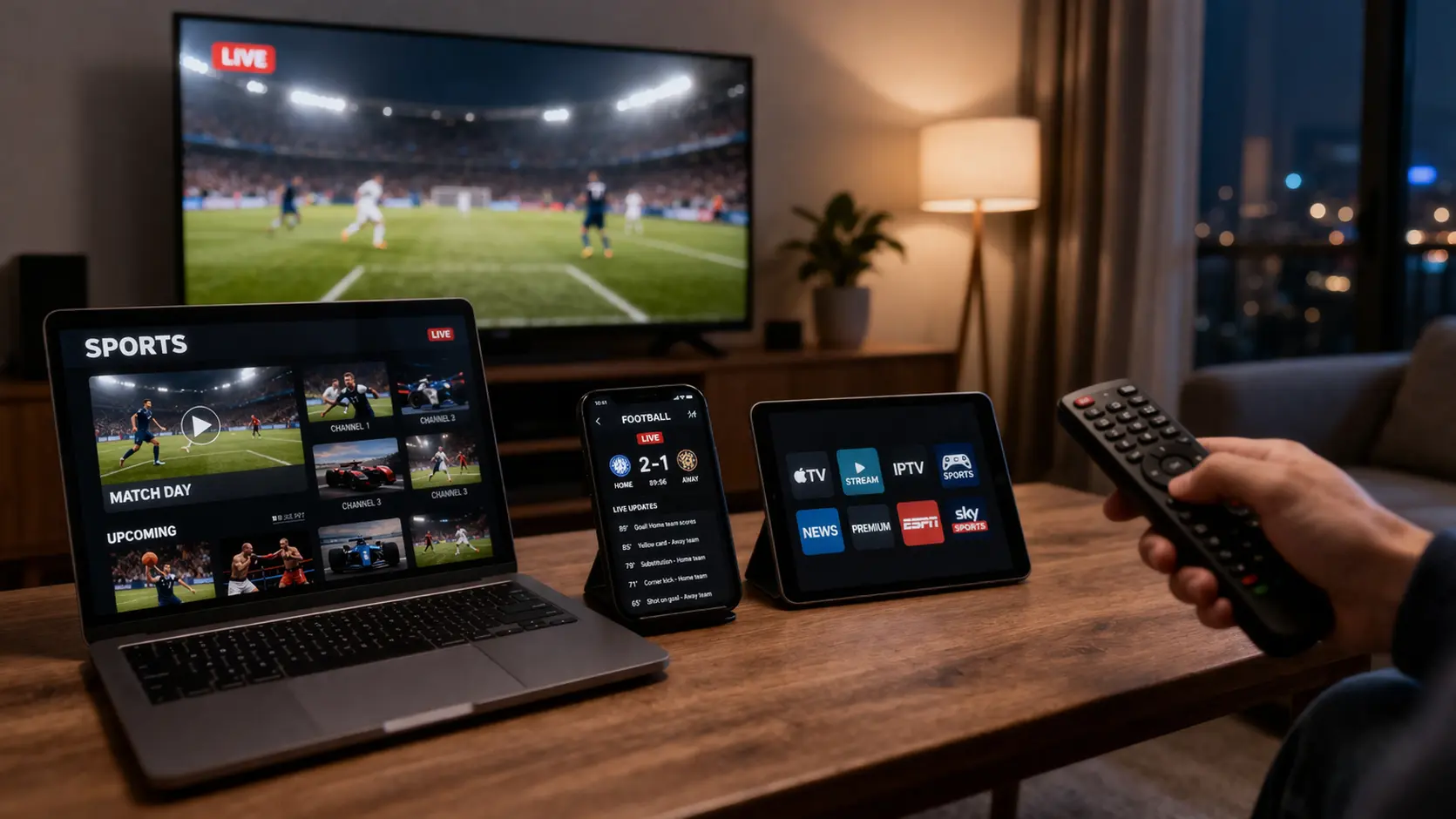 multiple screens showing live sports including football basketball and motorsports with tablet and phone displaying streaming apps in a modern living room setup