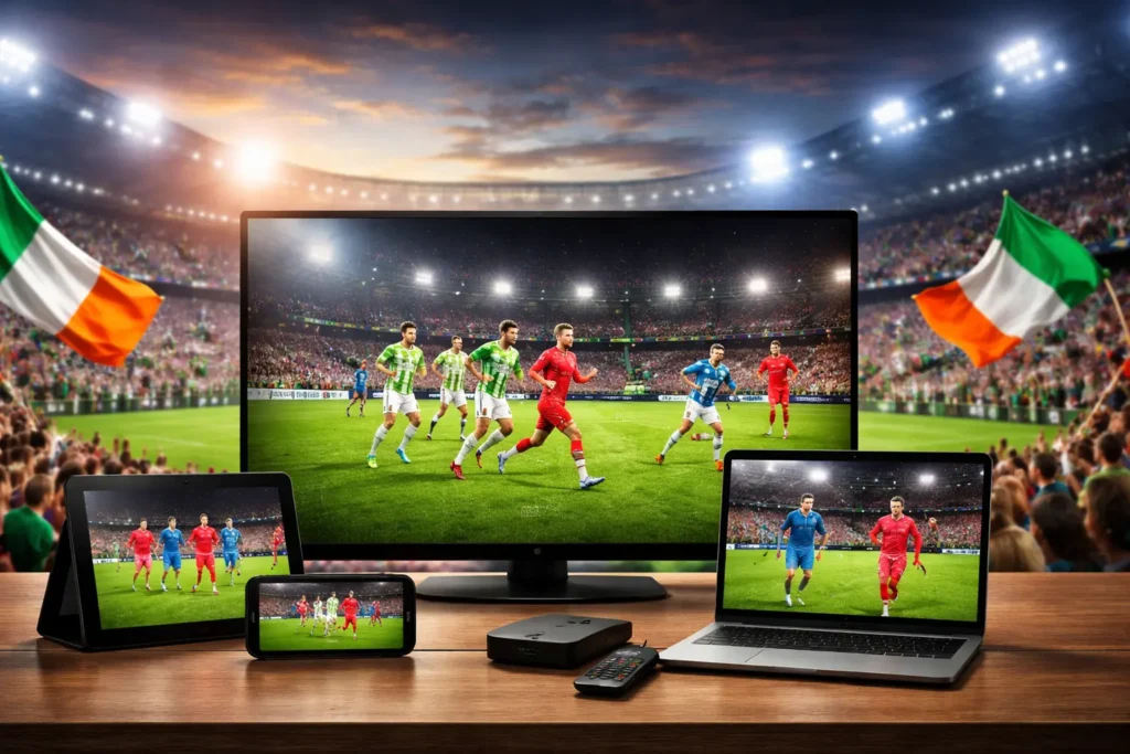 League of Ireland football match streaming on multiple devices with stadium background and Irish flags