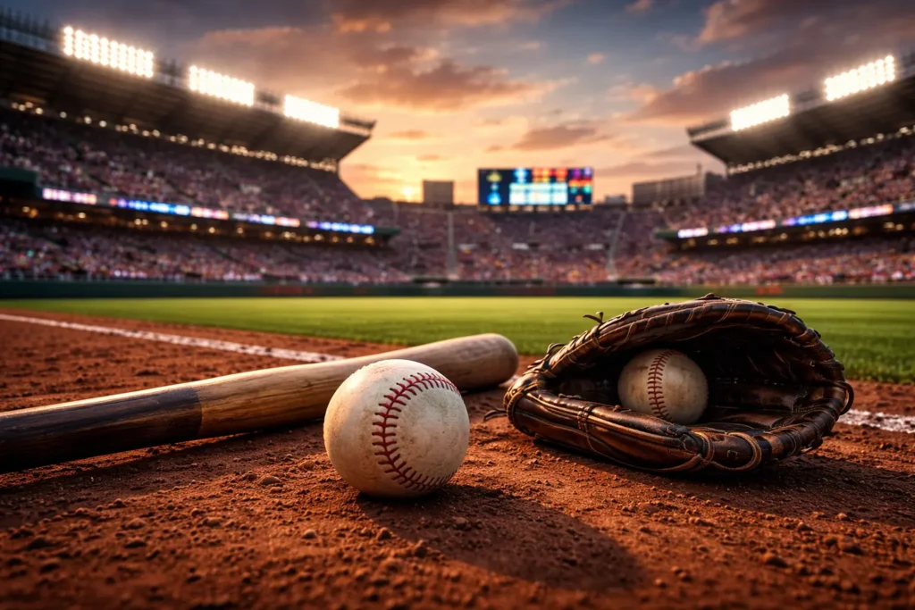 baseball bat ball and glove on field inside a packed stadium at sunset