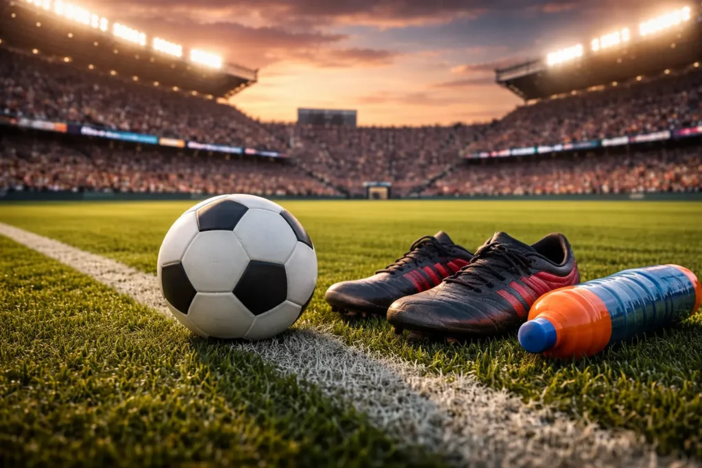 soccer ball and football boots on pitch inside a packed stadium at sunset