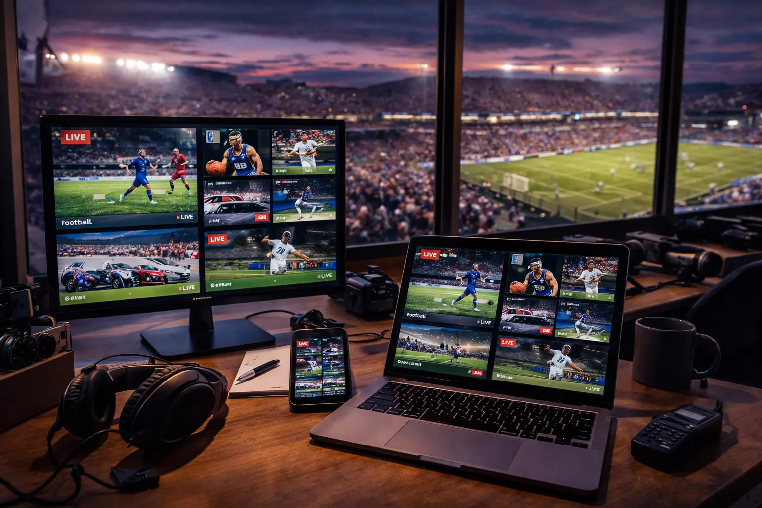stadium view at dusk with multiple sports being played and different sports equipment including football basketball and racing elements representing multi sport coverage