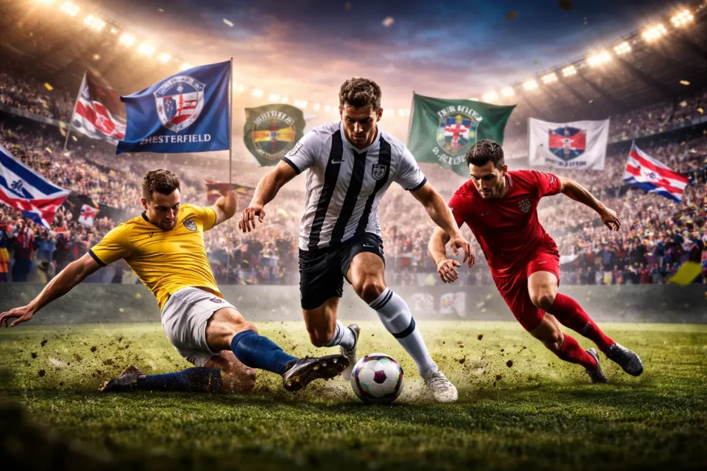 National League UK football match action with players competing under stadium lights and fans in the background