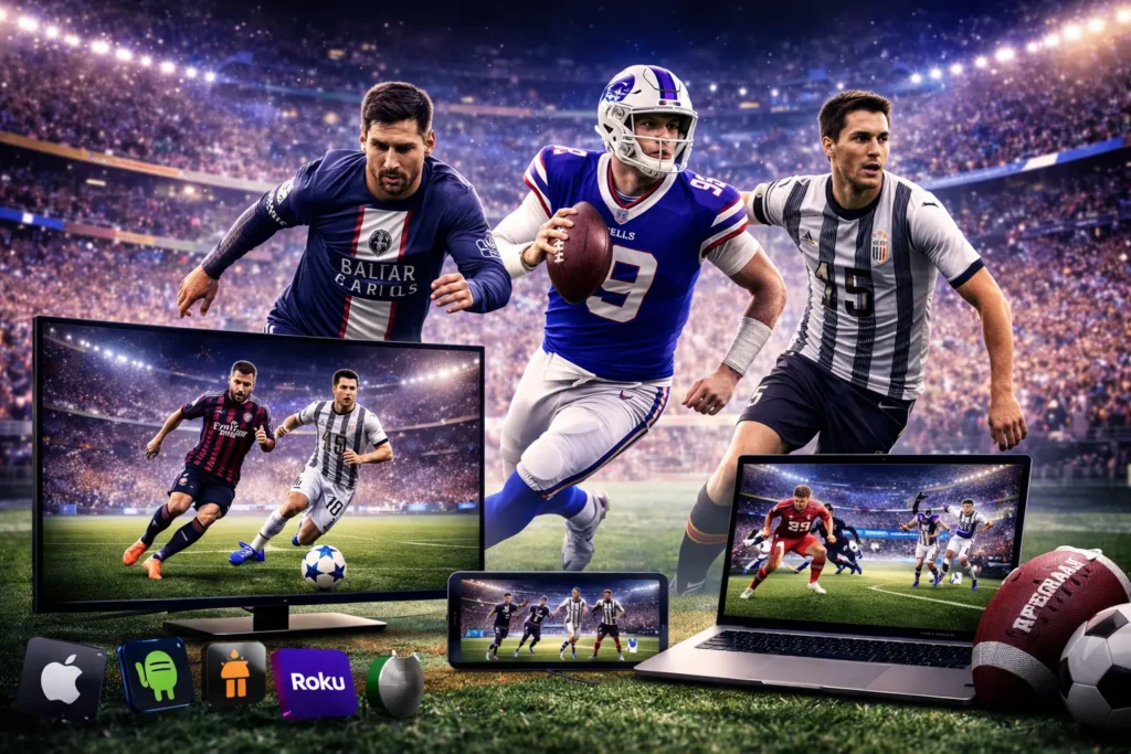 close-up view of a football pitch inside a stadium with glowing lights, featuring a ball at the center circle and blurred crowd background to represent live sports streaming atmosphere