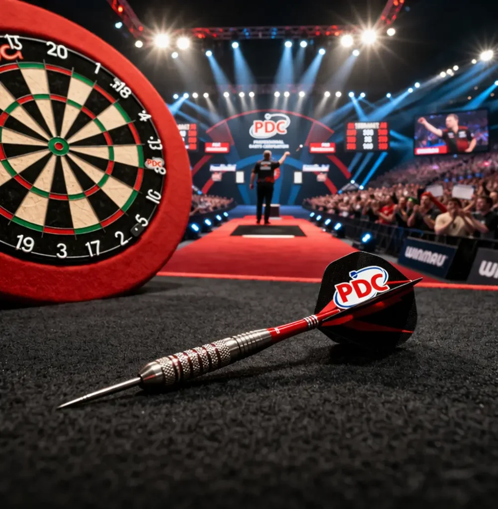 darts and dartboard on stage with bright lights and crowd in the background