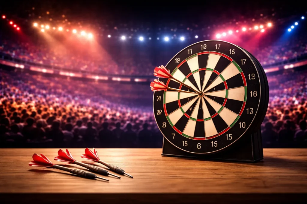 close-up darts board with darts in bullseye under stadium lights for live darts streaming concept