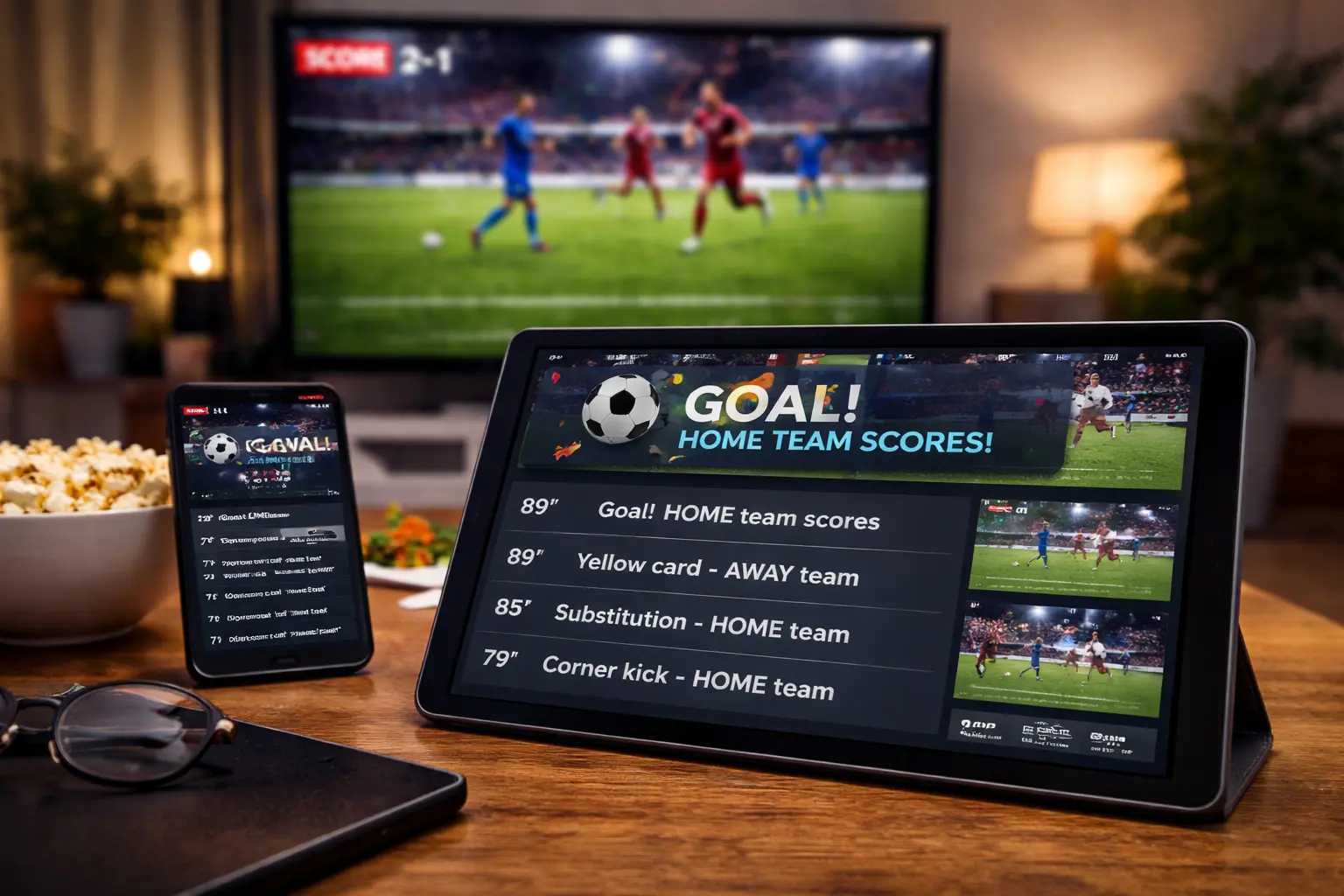 tablet and smartphone displaying live sports match updates with goal notifications while a tv shows the game in the background