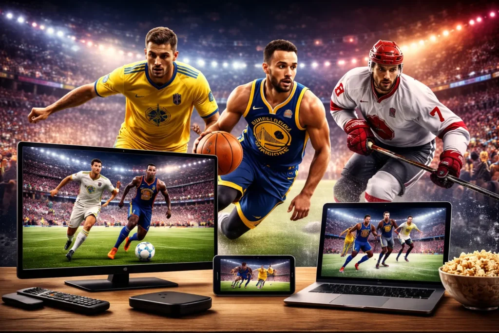 Live sports streaming scene showing football, basketball and ice hockey action representing Setanta Sports Ukraine coverage