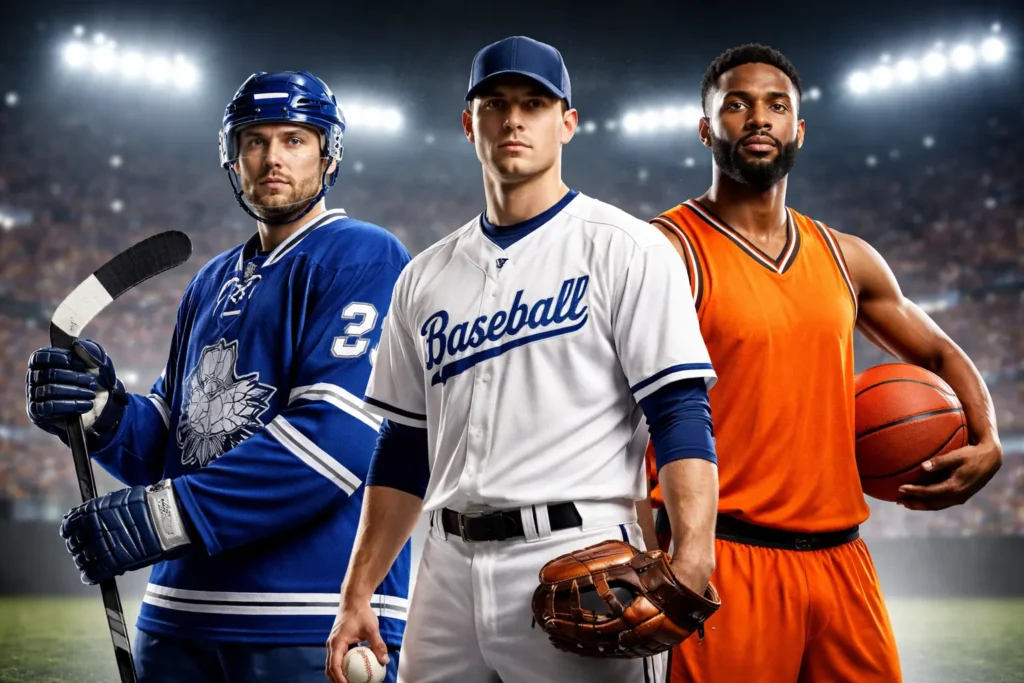 Three professional athletes including a hockey player, baseball player, and basketball player standing under bright stadium lights