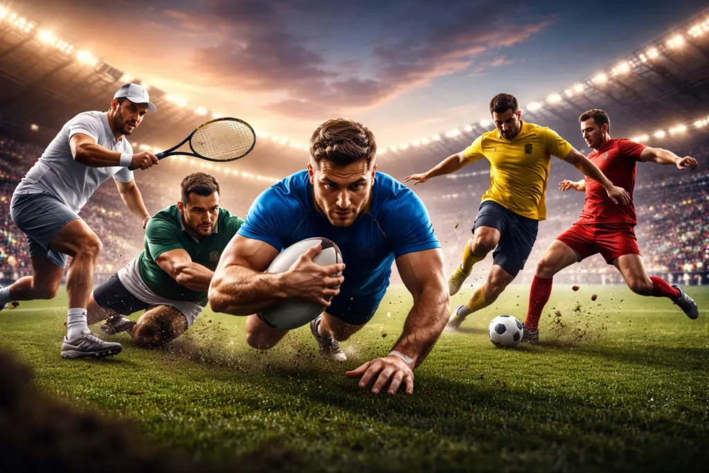 rugby player diving with ball, football players competing and tennis player hitting shot in a stadium under bright floodlights