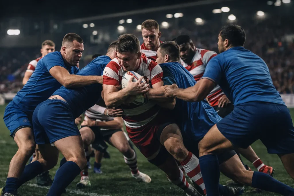 Rugby players competing in a night match representing upcoming fixtures and live rugby schedule