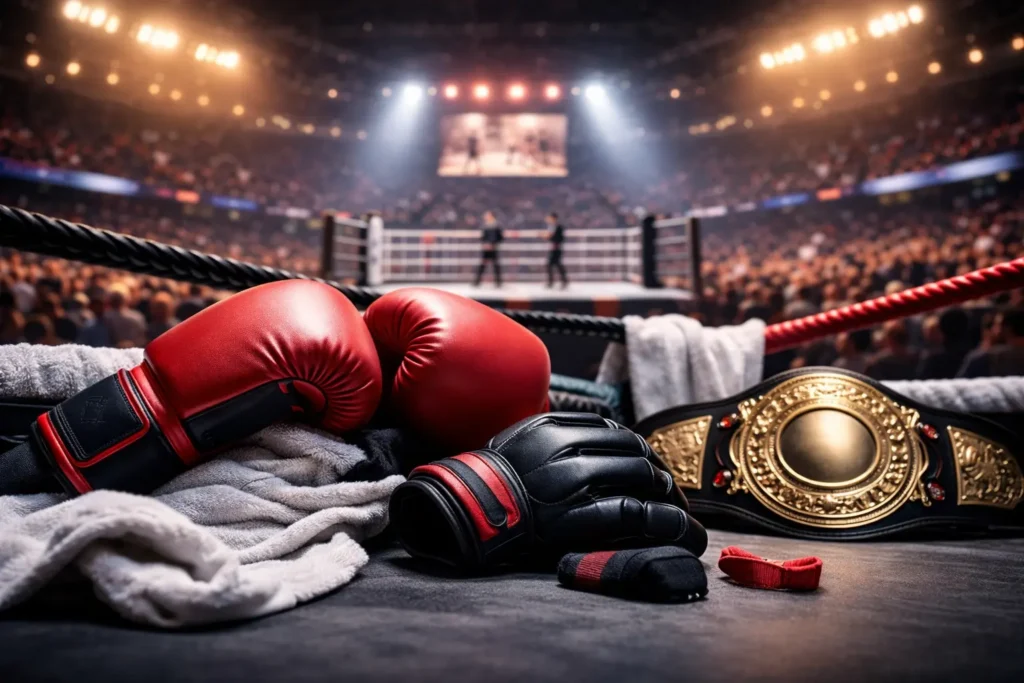 boxing gloves and mma gloves with championship belt in a combat sports arena