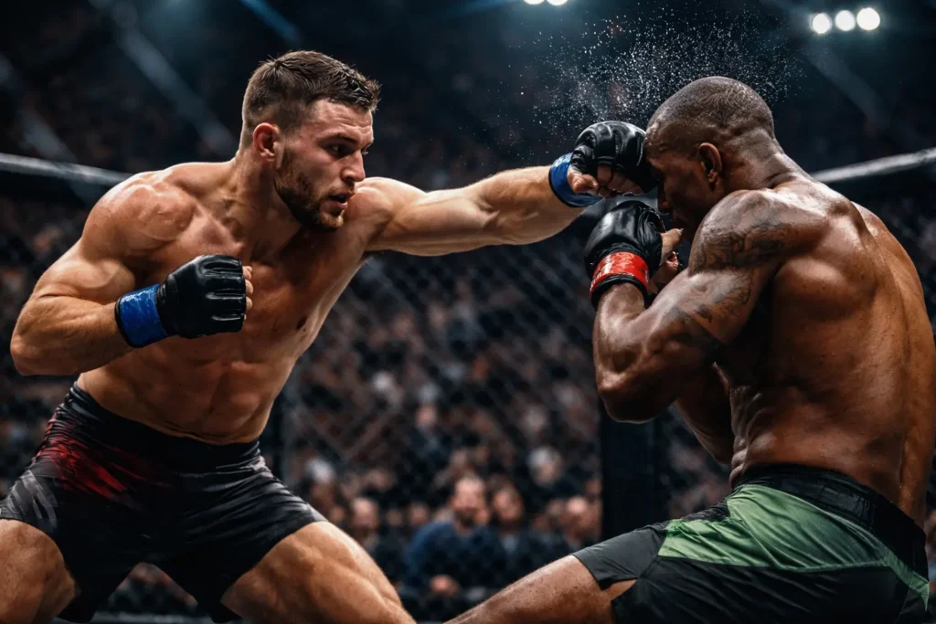Two mixed martial arts fighters competing inside an octagon cage during an intense fight representing UFC live events and streaming coverage