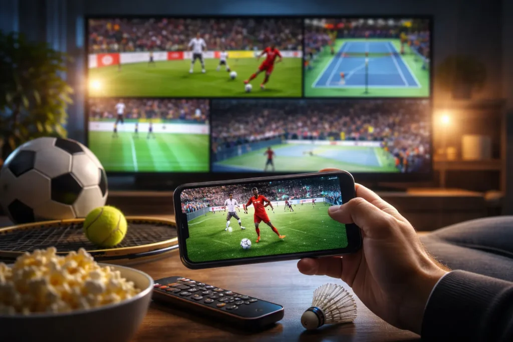 person watching live sports on smartphone with multiple sports events playing on tv in a modern living room setting