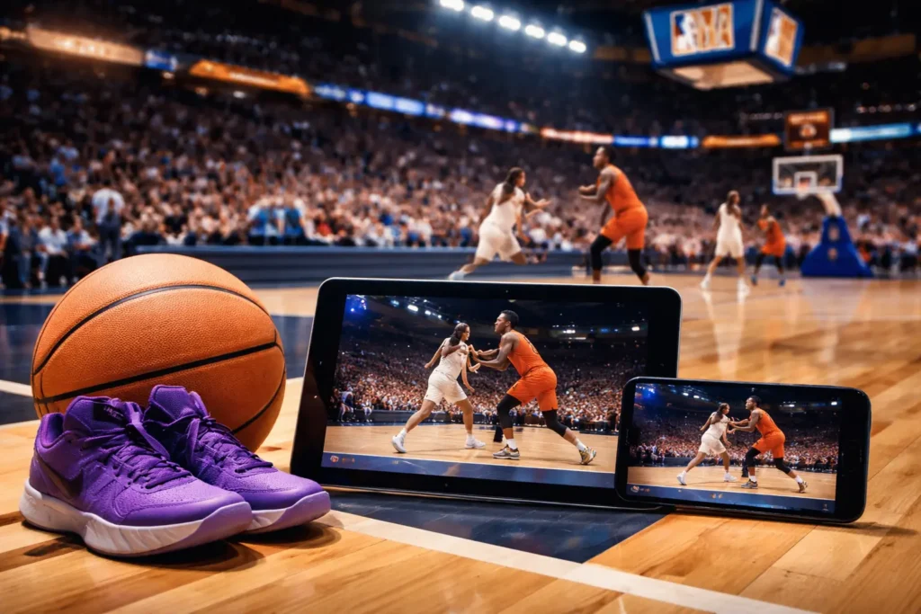 WNBA basketball arena scene with court, ball, and devices showing live game streaming
