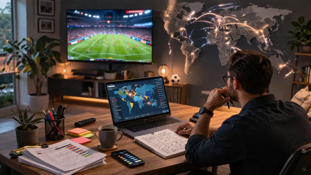 Person analyzing global football broadcasting coverage on a laptop with a world map and live match on a TV in a modern workspace