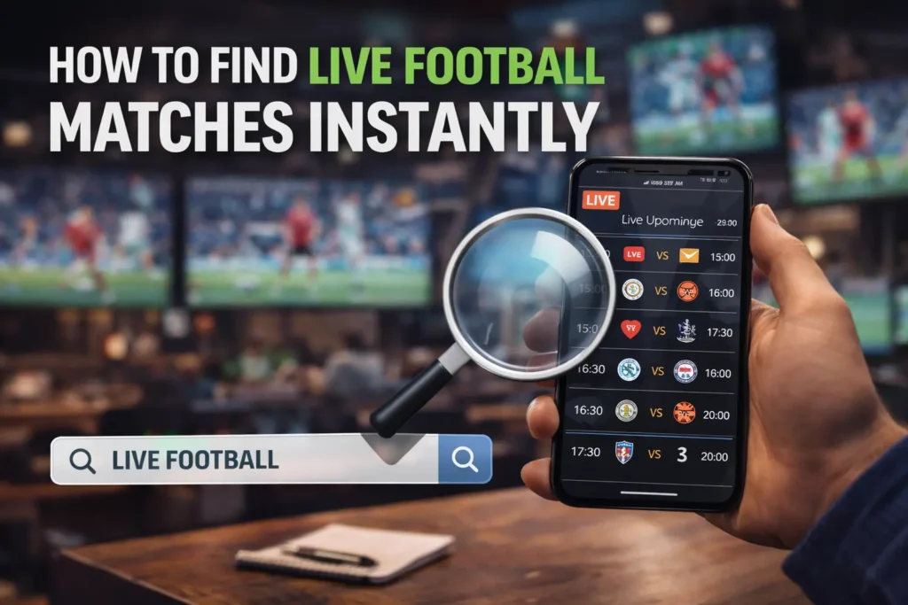 Person using a smartphone to browse live football matches with a magnifying glass effect, set in a sports bar with multiple screens showing games in the background
