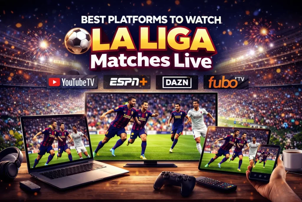 Multiple devices including a TV, laptop, tablet, and smartphone streaming a La Liga match, representing different platforms to watch live football