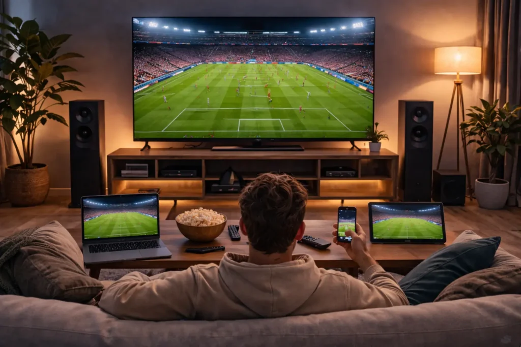 Person watching a live football match on a large TV with the same game streaming on a laptop, tablet, and smartphone in a modern living room setup