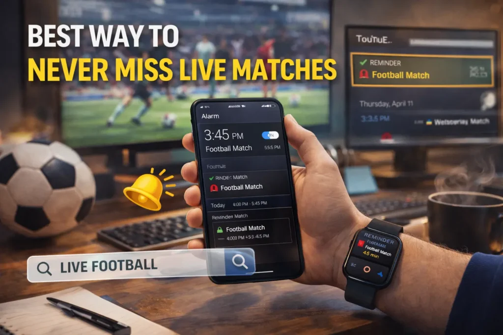 Person setting a reminder for a football match on a smartphone while watching a game on a screen, with a smartwatch notification and cozy desk setup