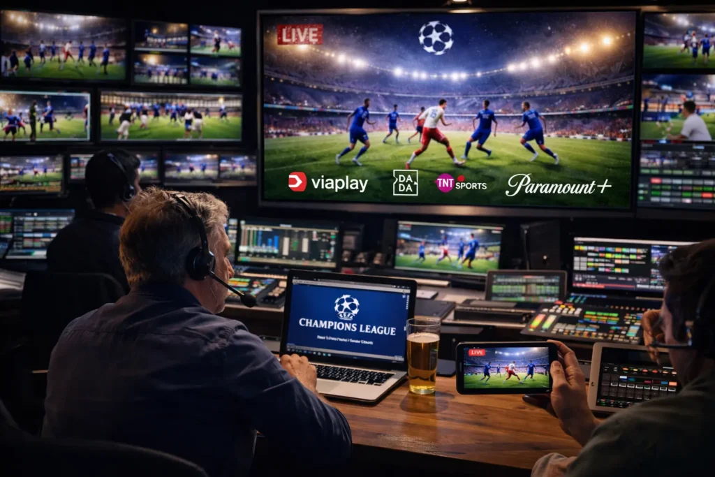 Sports broadcast control room with multiple screens showing a live football match and operators managing live coverage