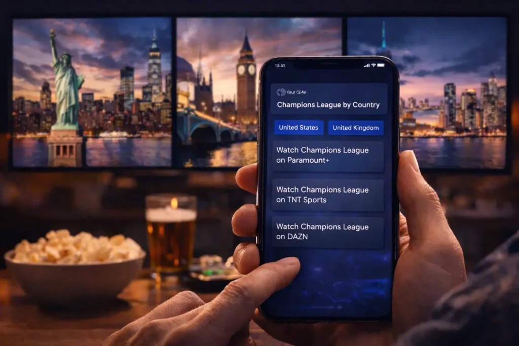 Person using a smartphone to check where to watch Champions League matches by country with city landmarks in the background