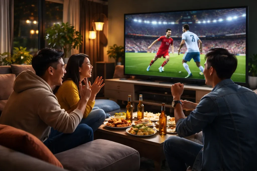 friends watching a live football match together on a big screen tv at home with snacks and drinks