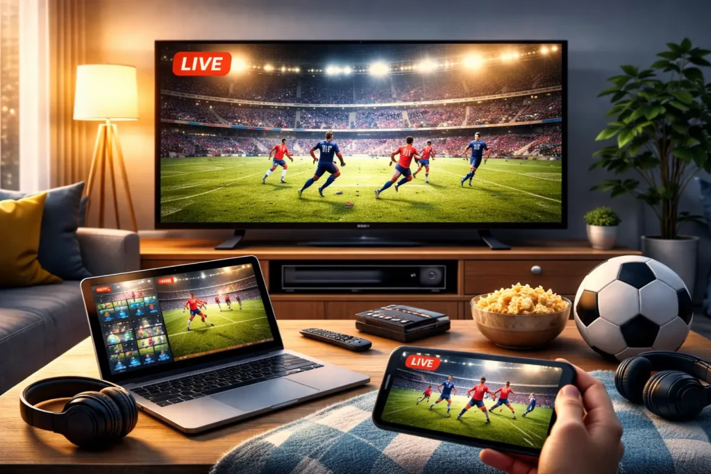 Watching live football on TV, laptop, tablet, and mobile devices in a modern living room setup