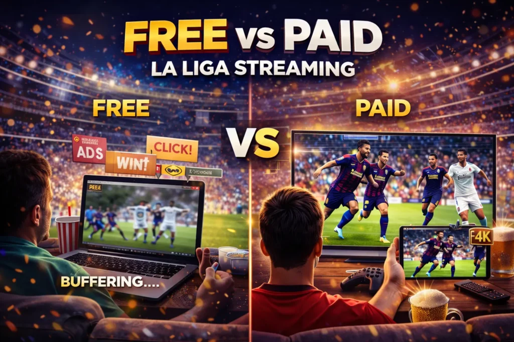 Split-screen comparison showing free La Liga streaming with buffering and ads versus paid streaming with smooth high-quality playback on multiple devices