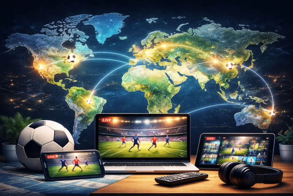 World map showing global football streaming connections with devices displaying live matches across different regions