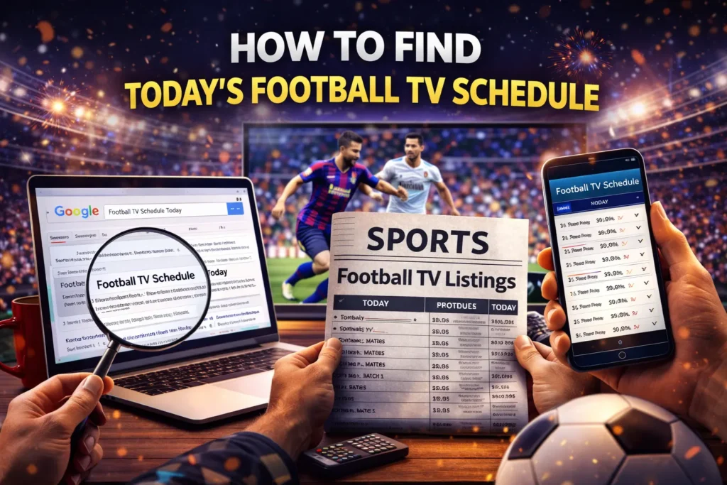 Person checking today’s football TV schedule using multiple sources including a laptop search, printed listings, and a smartphone app in a home setting