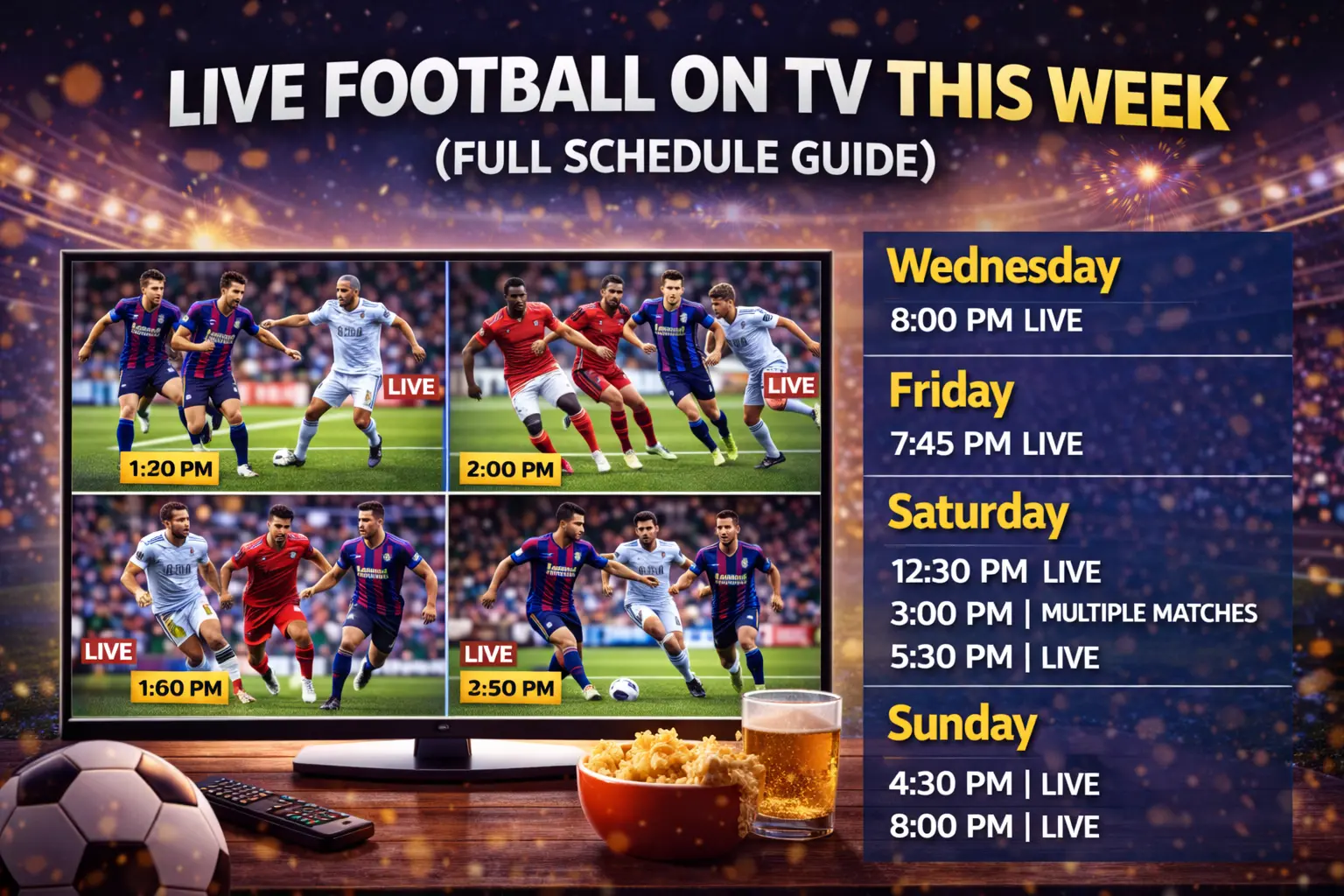 Weekly football TV schedule displayed on a large screen with multiple matches and a side panel listing match days and kickoff times in a home viewing setup