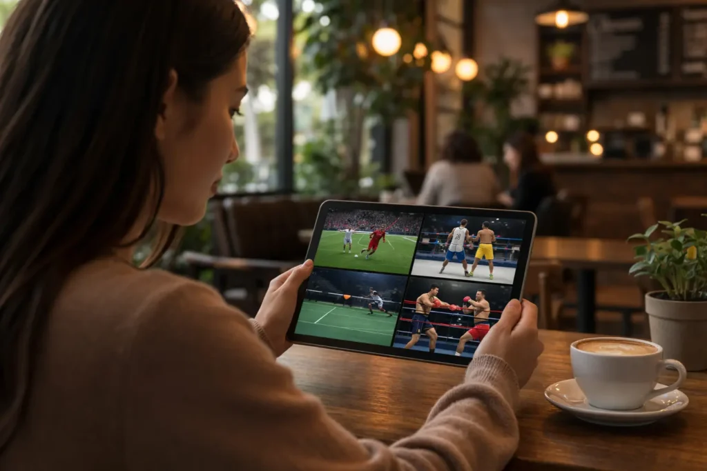 woman watching live sports on tablet with four split screens in a coffee shop