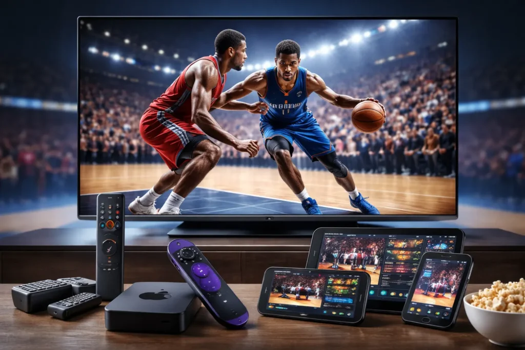 Basketball game streaming on a large TV with multiple devices like tablet, smartphone, and streaming boxes in a modern living room
