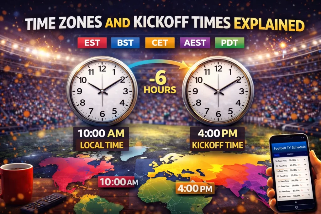 Illustration showing different time zones and kickoff times with clocks, world map, and time difference between local time and match start