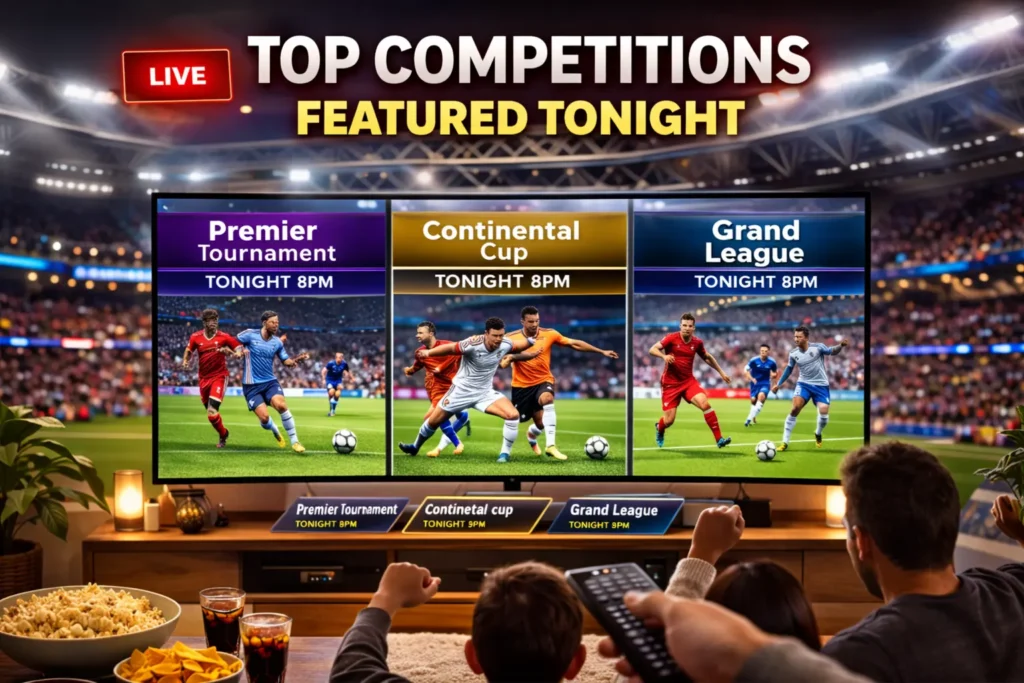 Large TV screen showing multiple football matches from different competitions tonight, with viewers watching from a cozy living room and cheering