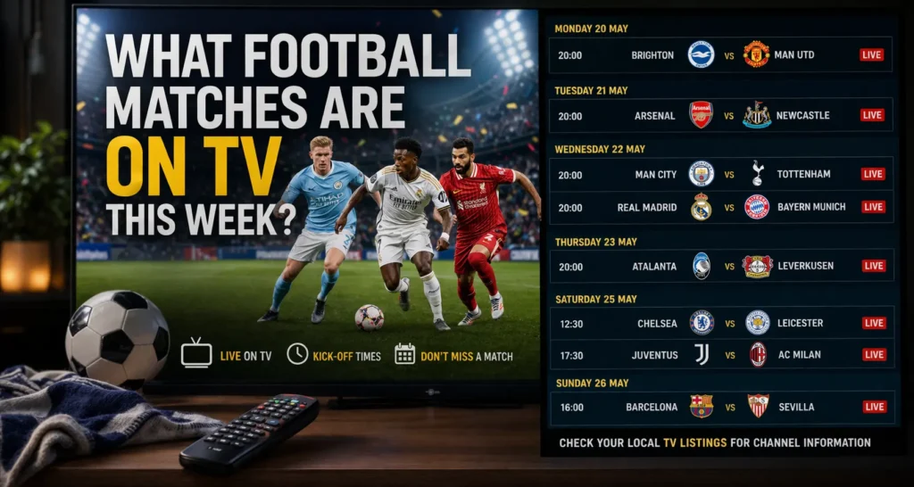 Wide TV display showing this week’s football matches with kickoff times and match days, alongside snacks and remote in a home viewing setup