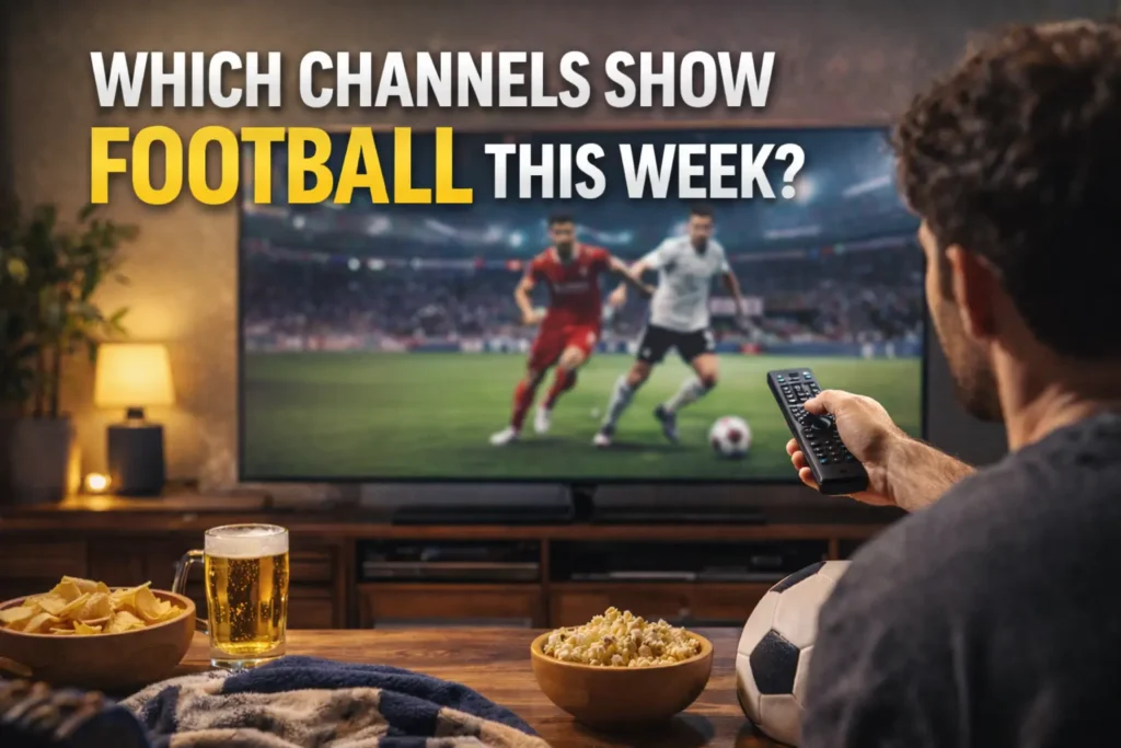 Person watching a live football match on TV at home with a remote control, snacks on the table, and a cozy evening atmosphere