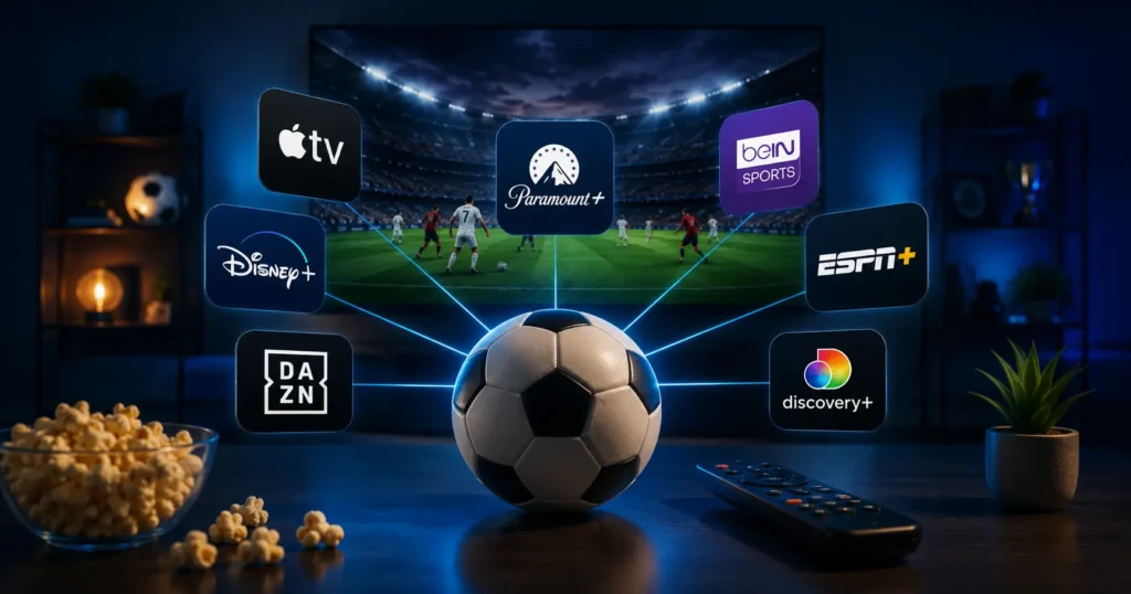Modern football streaming setup showing live football on a large screen connected to multiple streaming services in a cozy blue-themed living room