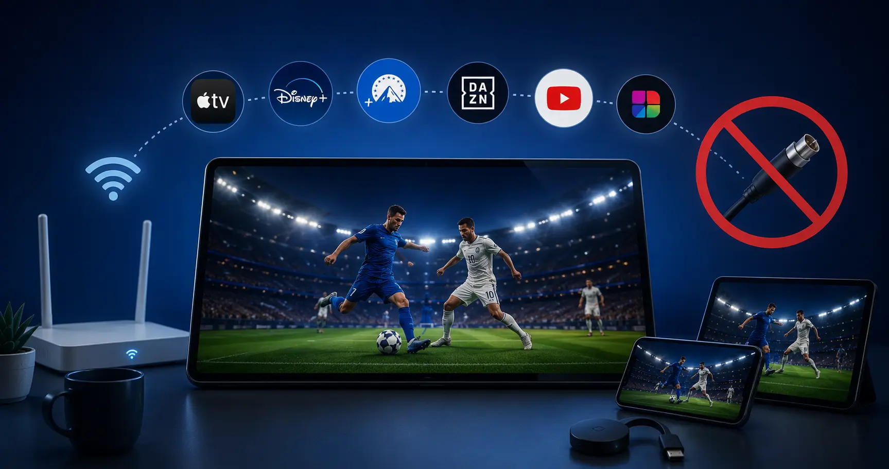 Modern football streaming setup showing a live football match on multiple wireless devices without traditional cable television
