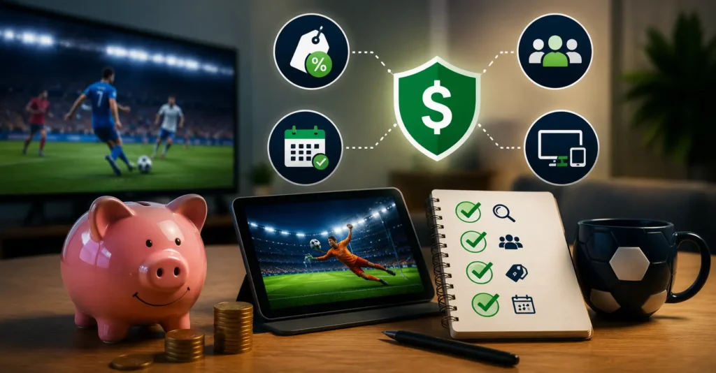 Football streaming setup with a piggy bank, tablet showing a live football match, and money-saving checklist in a modern living room