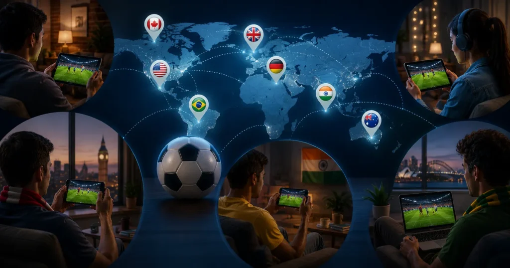 Football fans from different countries watching live football matches on tablets and laptops through streaming services without cable television
