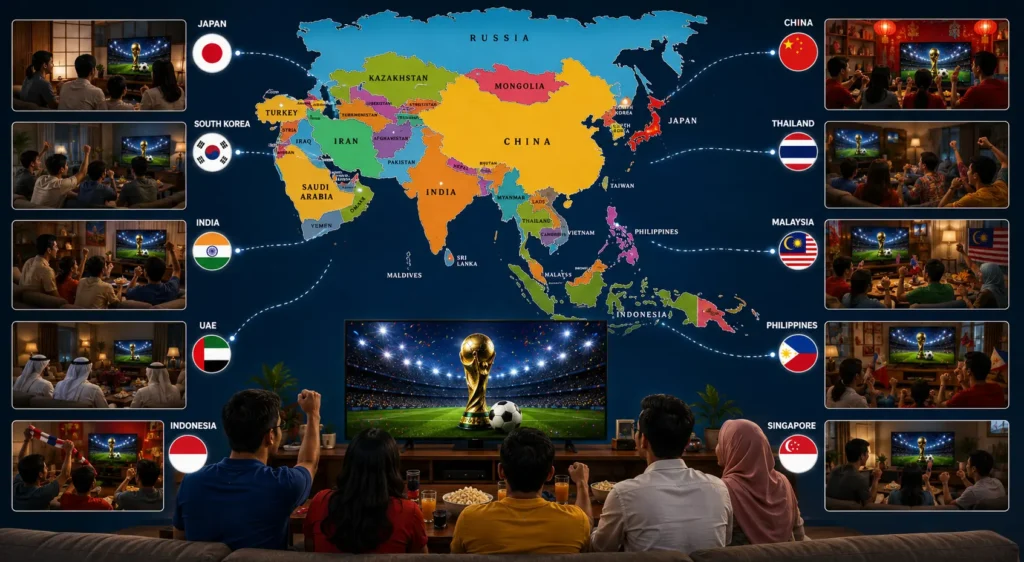 Football fans across Asia watching FIFA World Cup 2026 on televisions, laptops, and mobile devices with a glowing map of Asia and iconic city skylines in the background