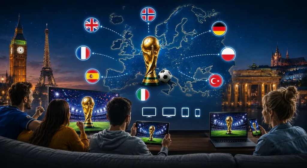 European football fans watching FIFA World Cup 2026 across multiple devices with a glowing map of Europe and iconic landmarks in the background