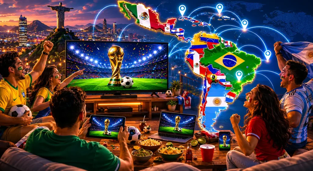 Football fans across Latin America watching FIFA World Cup 2026 on televisions, laptops, and mobile devices with a colorful map of Latin America and a festive matchday atmosphere